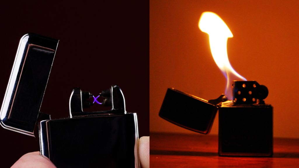 An Image of a Wholesale Plasma Arc Lighter VS a traditional Flame Lighter 
