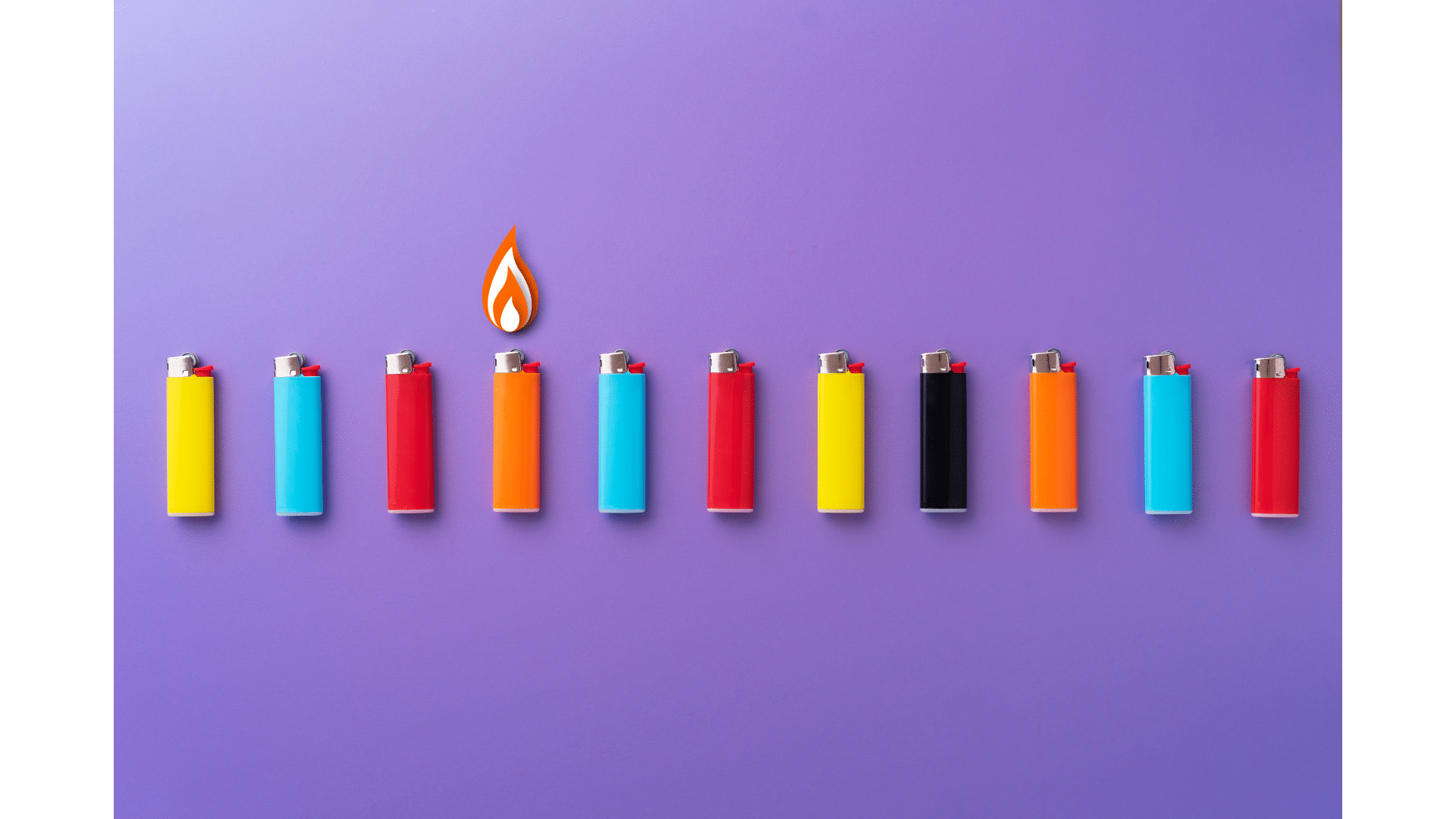 set of colorful bulk lighters on a purple surface.