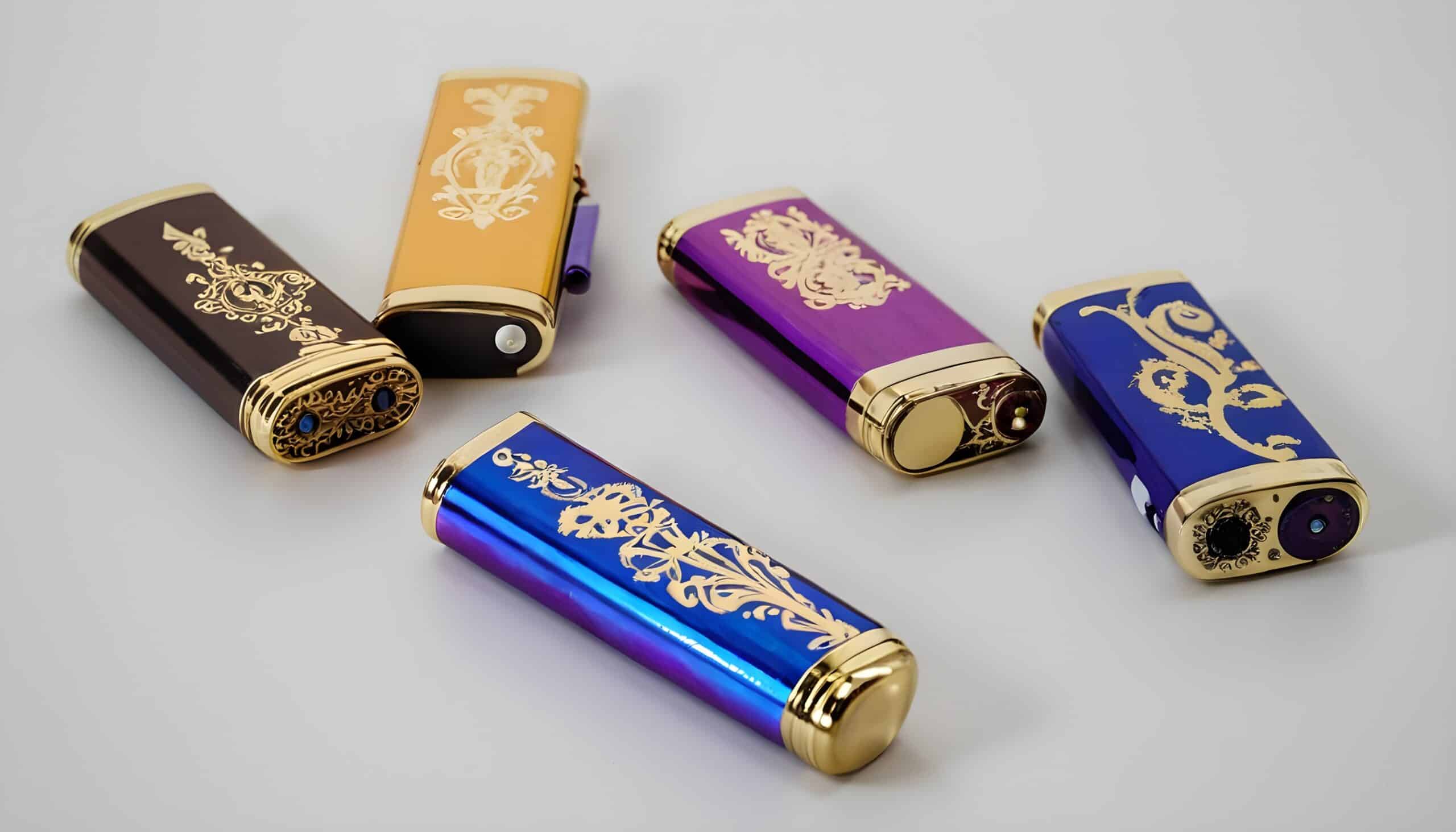 5 fancy lighters on a white surface