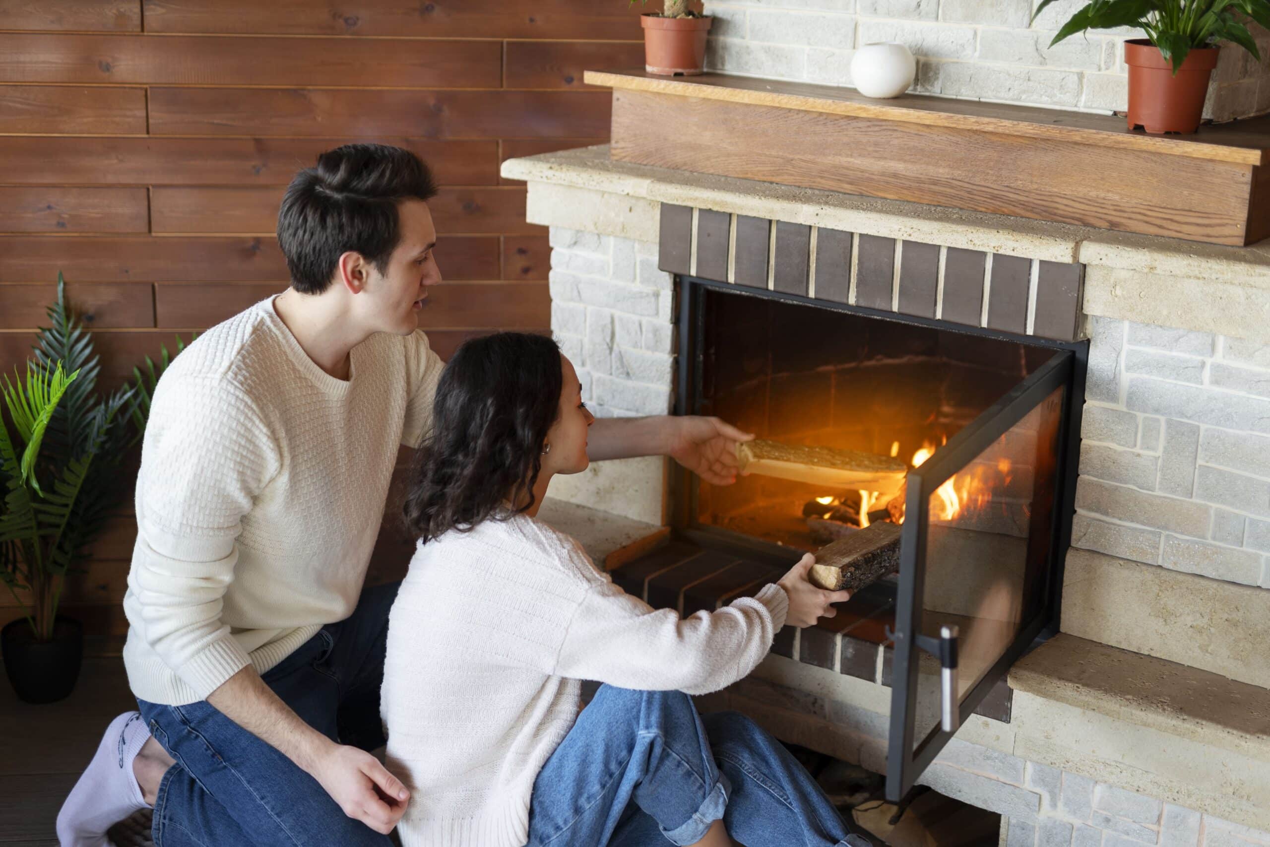 two people lighting a fireplace using a fireplace lighter and wood
